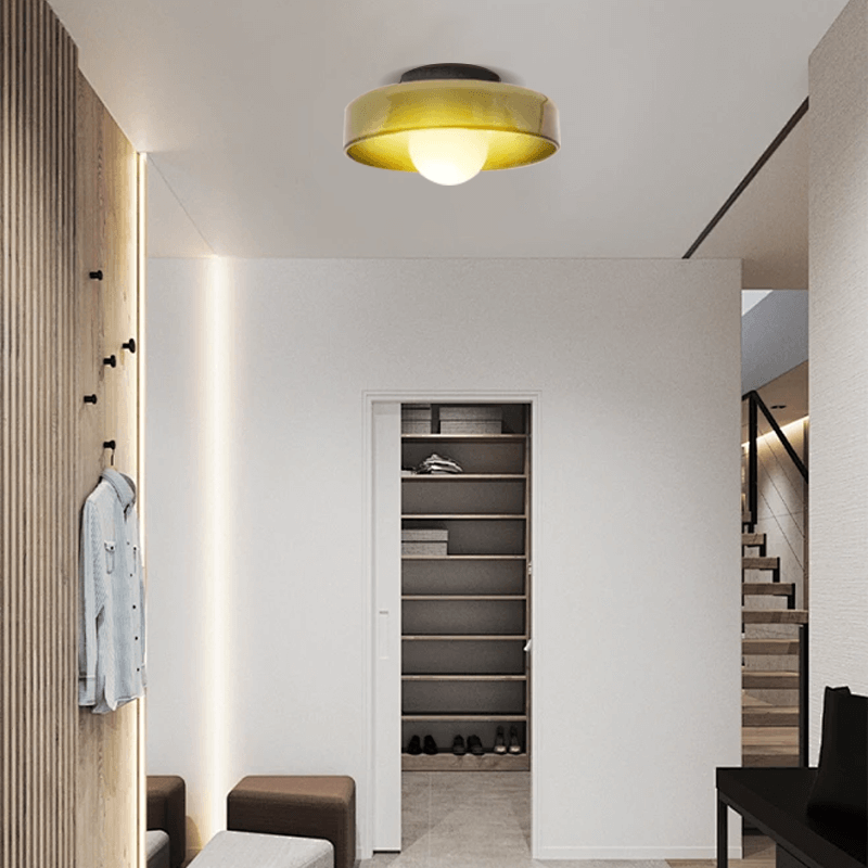 Modern round ceiling light in hallway, Yellow Green Glass